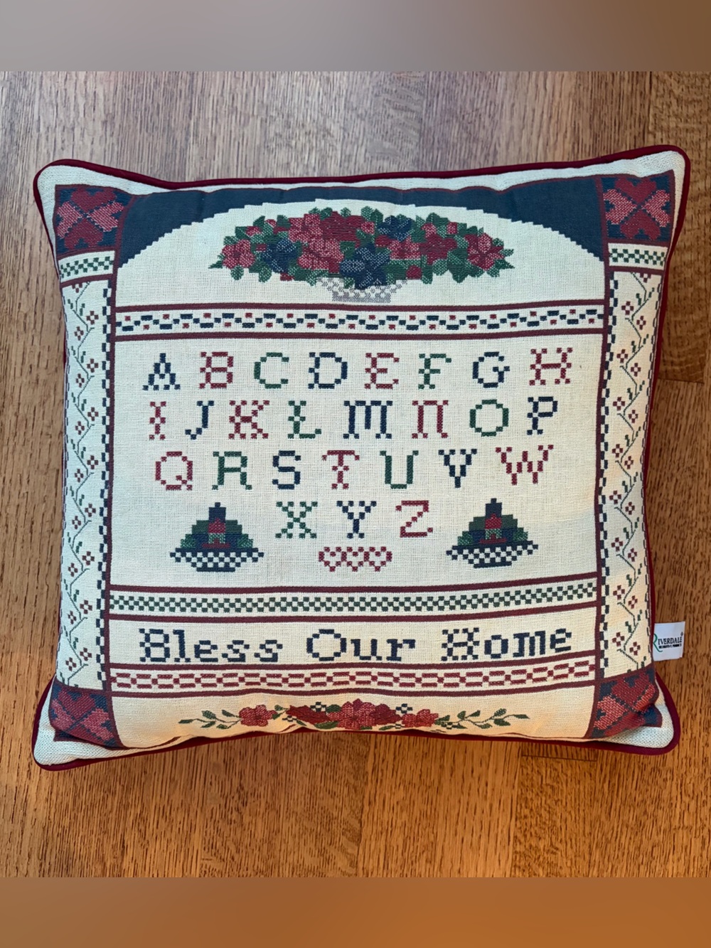 Vintage Riverdale Tapestry Pillow Bless Our Home ABC Alphabet Teacher Cottage